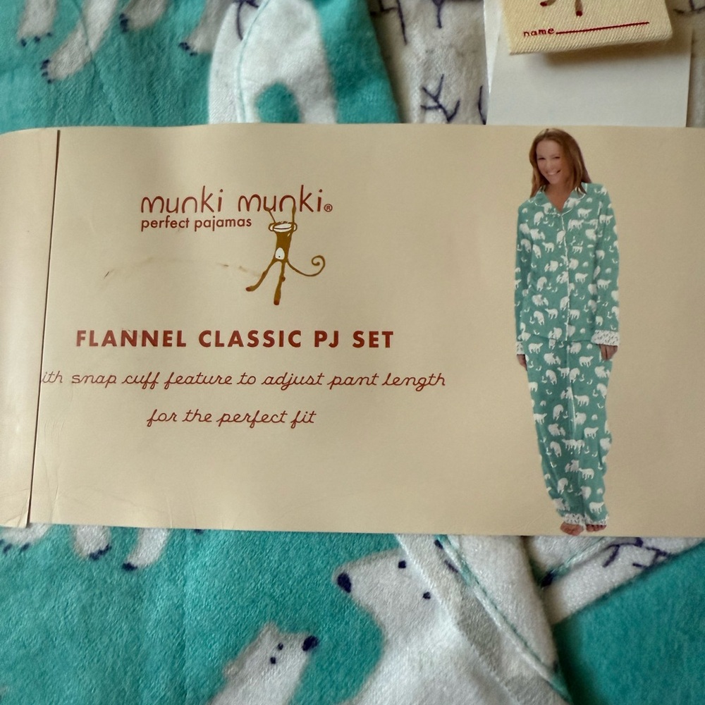 Munki Munki Teal Flannel Pajama Set with White Polar Bears, Size S - Picture 2 of 7